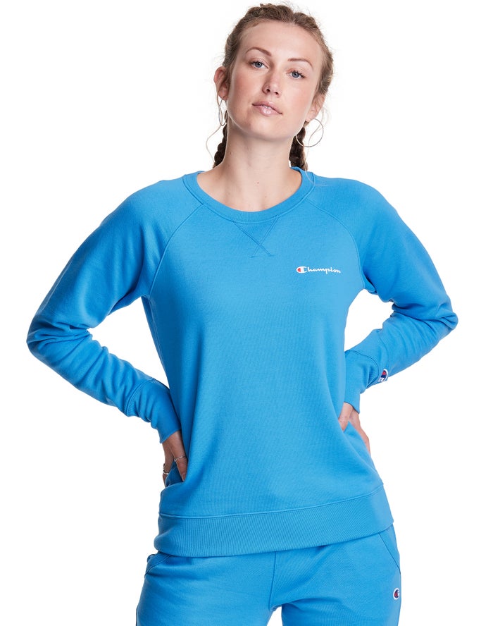 Champion Womens Sweatshirt NZ - Powerblend Fleece Classic Crew Script Logo Blue ( 6841-FNRMO )